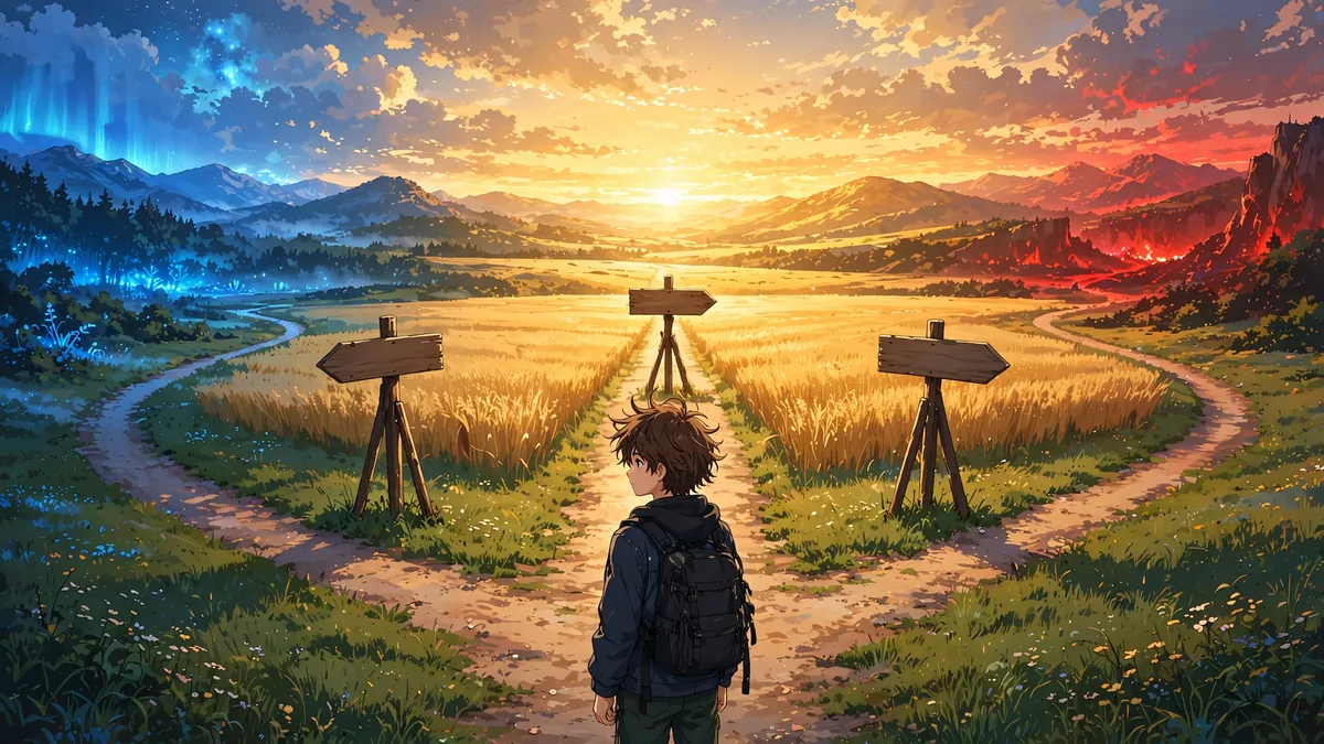 An anime character choosing between three paths