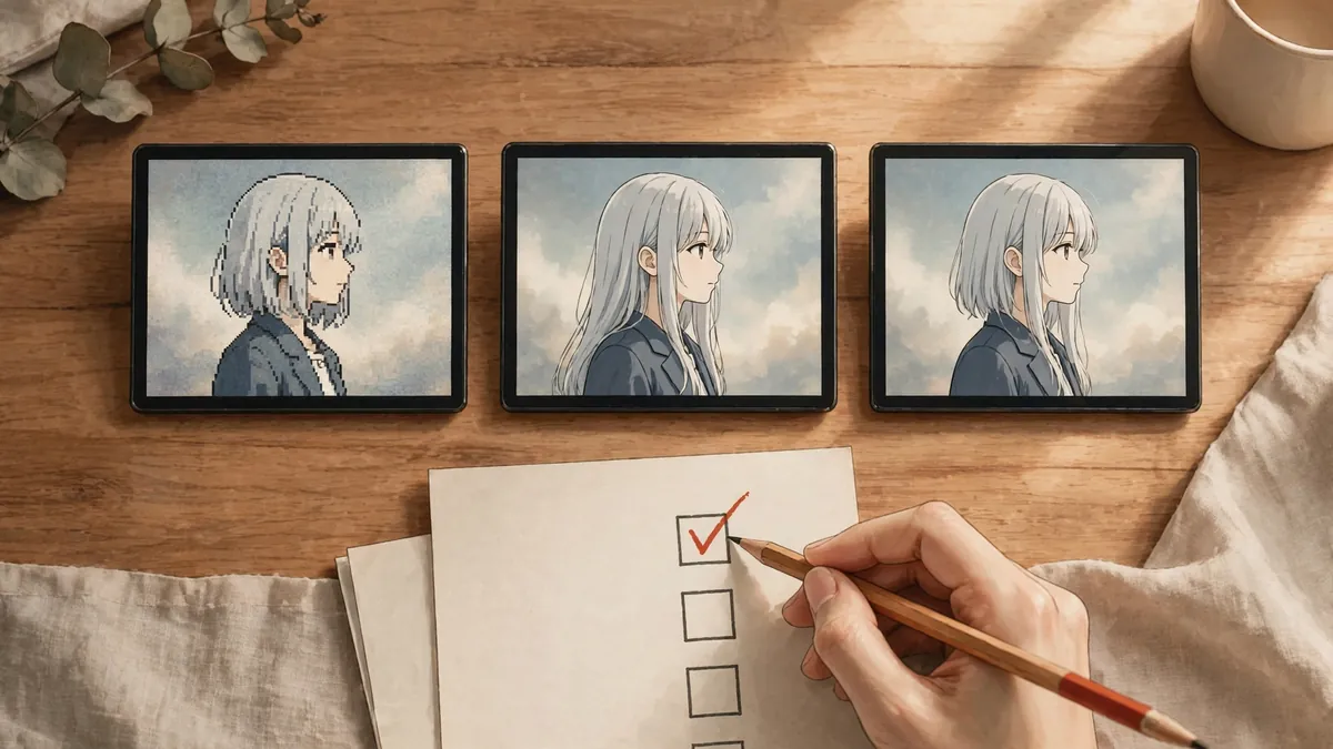 Comparing anime video clips side by side with a checklist