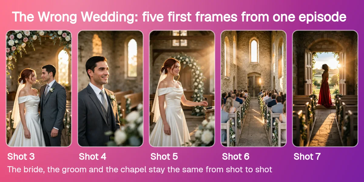 Five first frames from The Wrong Wedding, a micro drama made in Ziztu, with the same bride, groom and chapel from shot to shot