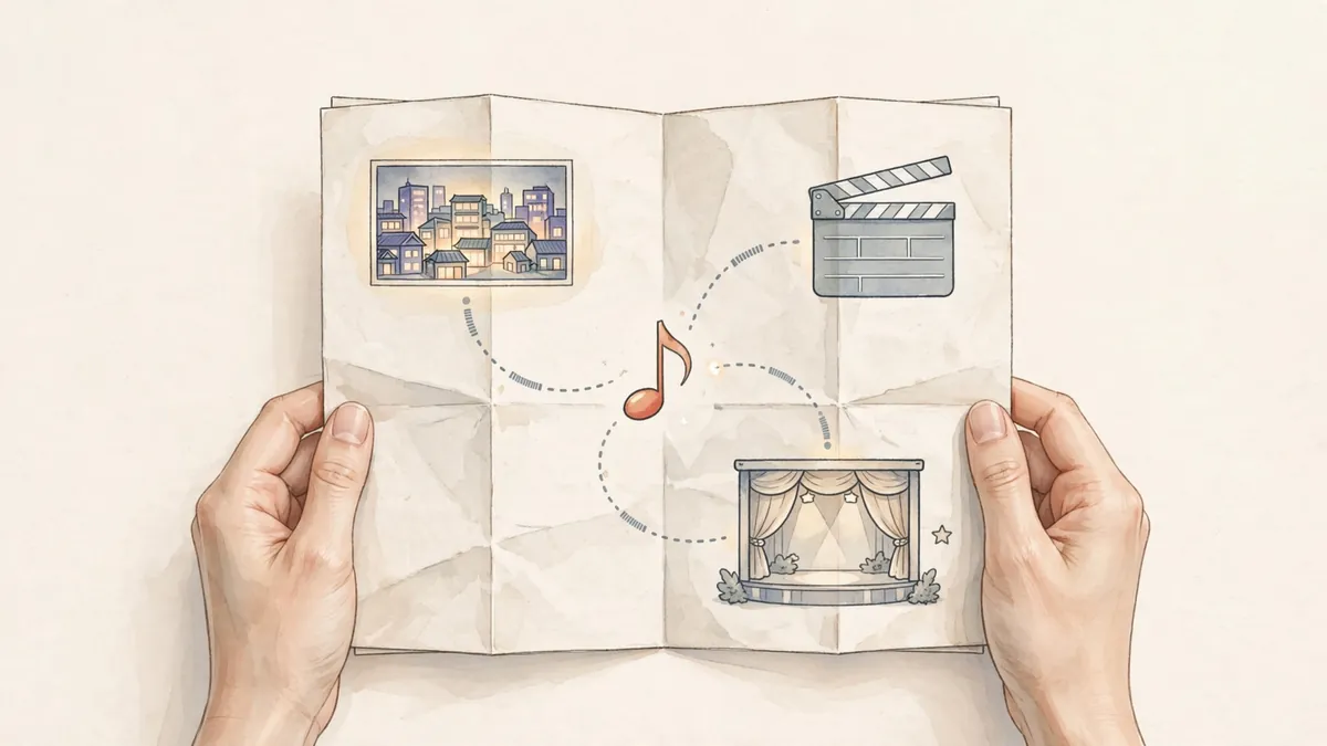 Three small signposts pointing to an anime scene, a cinematic clip and a music note, on an open map