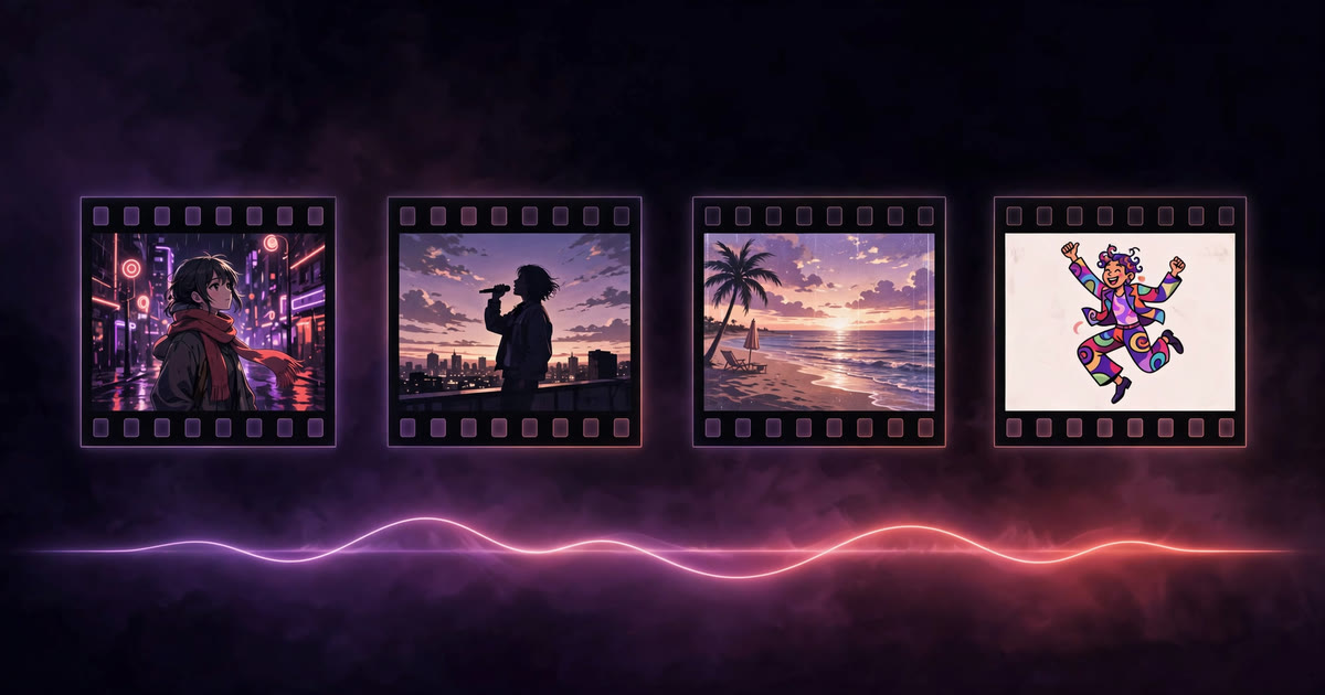 A row of music video frames above a glowing sound wave, in different styles