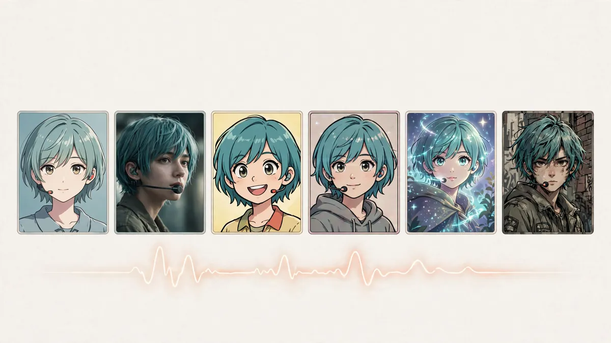 A row of short video frames in different styles, anime, cinematic and retro, above a glowing sound wave