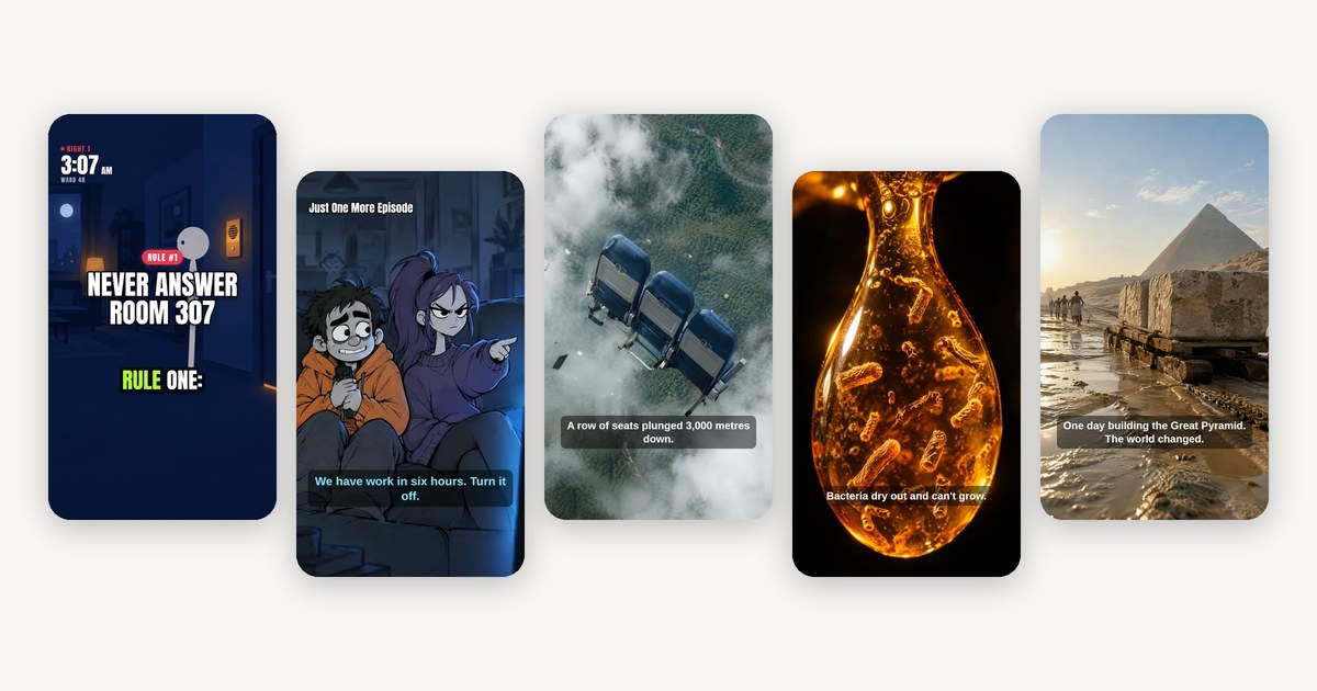 Five vertical Shorts made in Reel Factory side by side: a 3:07 AM night shift rule card, two cartoon roommates on a couch, airplane seats falling over a jungle, a drop of honey and the Great Pyramid