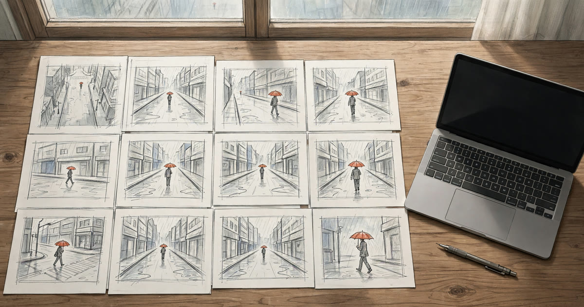 Storyboard sheets with pencil panels spread across a desk next to a laptop
