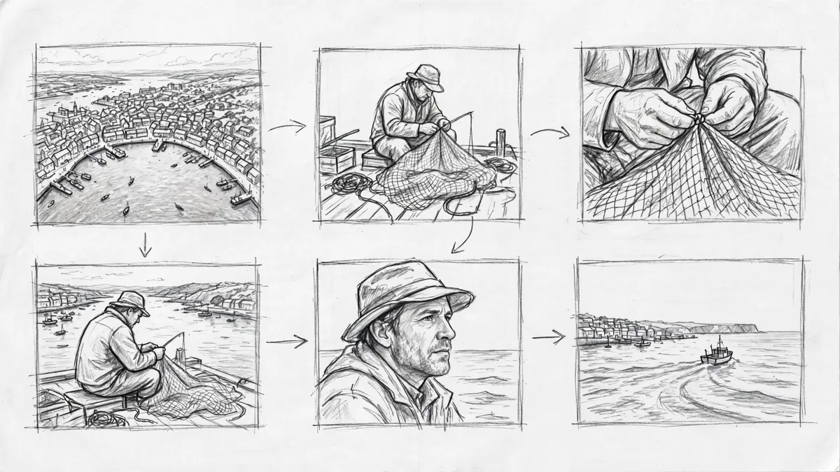 Six storyboard panels in pencil with arrows marking camera moves