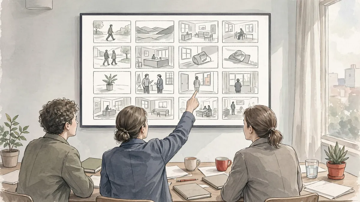 A small team reviewing a storyboard on a big screen in a meeting room