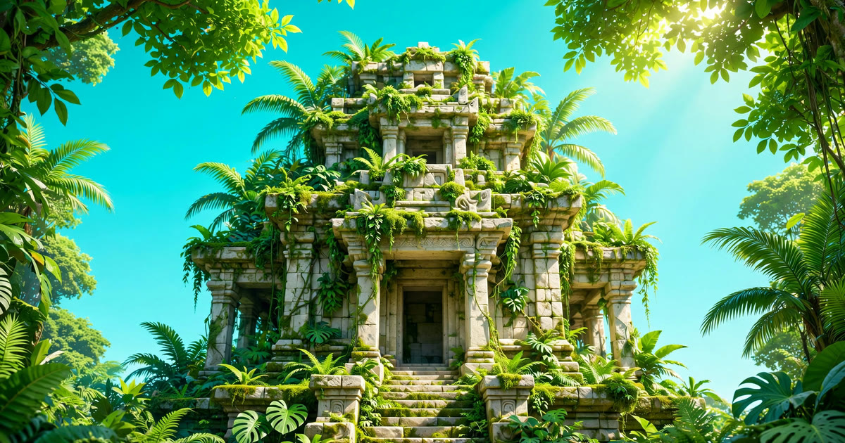 An overgrown stone temple in a jungle under a bright turquoise sky, a sample picture from Ziztu's faceless video generator