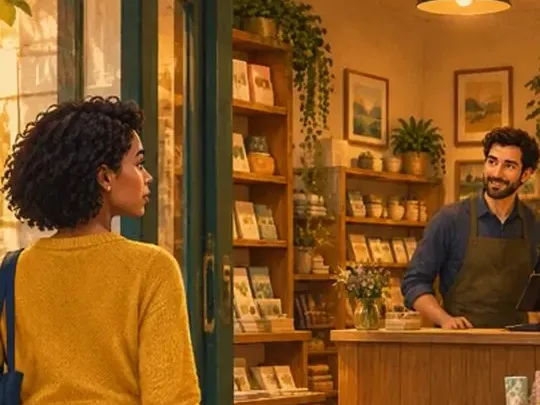 A picture from the Reel Factory example styles: a woman in a yellow sweater walks into a warm bookshop where a smiling owner waits at the counter