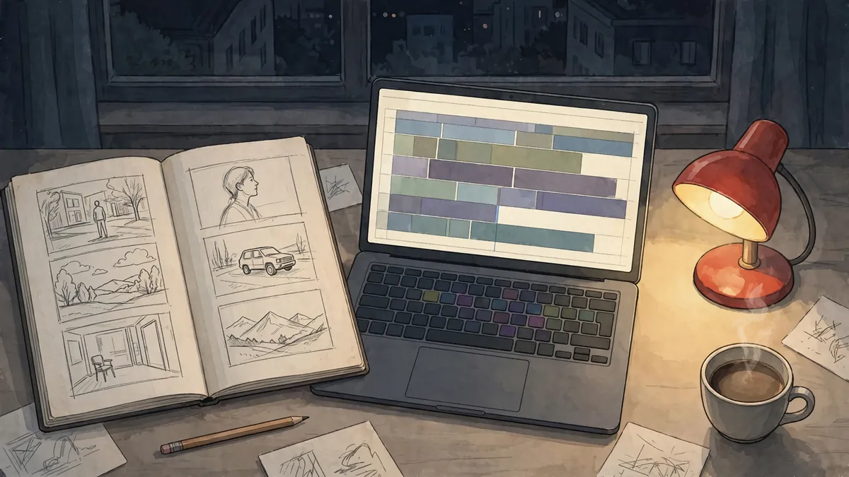 A director's desk with a storyboard, a laptop timeline and a cup of coffee in warm lamp light