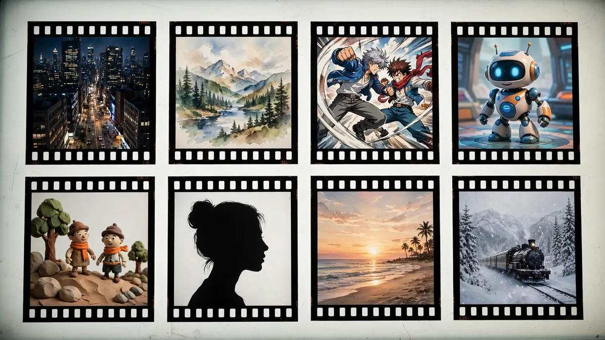 A row of video frames in different styles, from a city at night to a painted landscape, laid out like a contact sheet