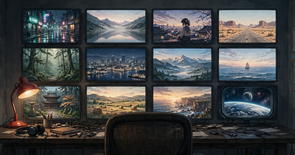 A wall of small video screens, each showing a different generated scene, in a dim editing room