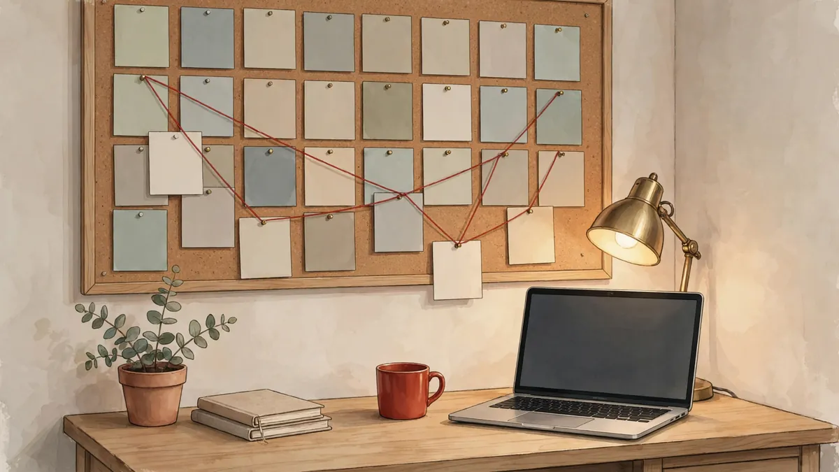 A writer's desk with index cards pinned to a corkboard above a laptop