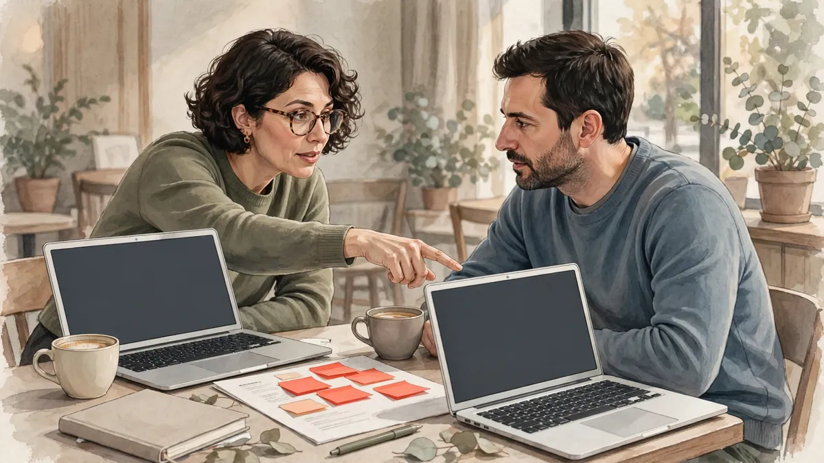 Two writers working on the same script on two laptops at a cafe table