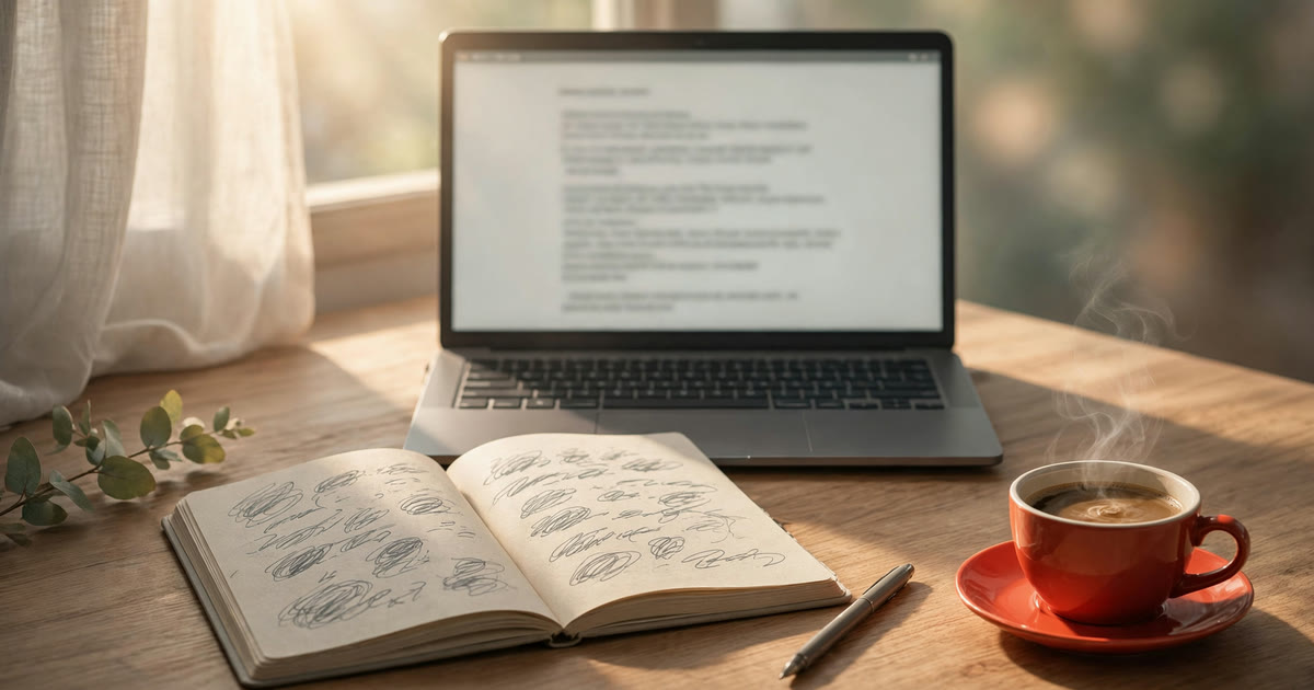 A screenplay page on a laptop on a wooden desk with a notebook and a cup of coffee