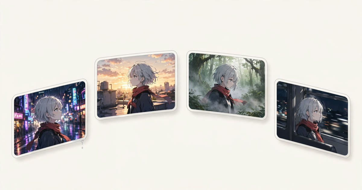 Four video frames showing the same anime character in different scenes