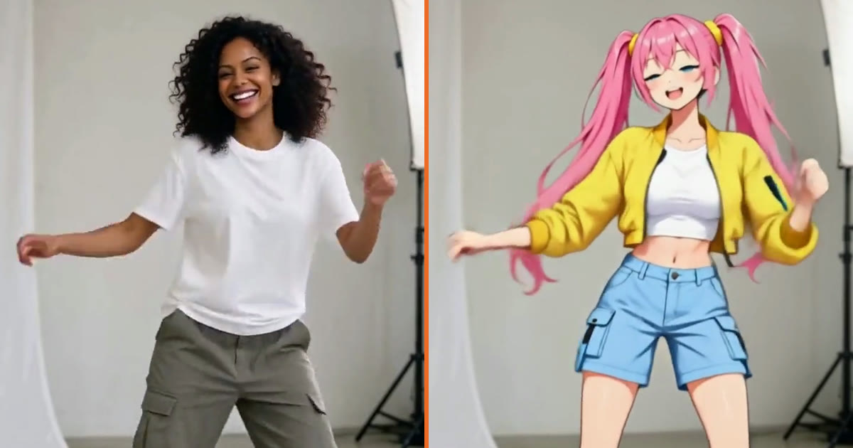 Left: the original clip, an AI-generated woman dancing. Right: the same clip recast as Hana, made with Kling O3 Video Edit Standard at 720p, the engine behind Mitate's Premium recast. AI-generated, made in Ziztu.