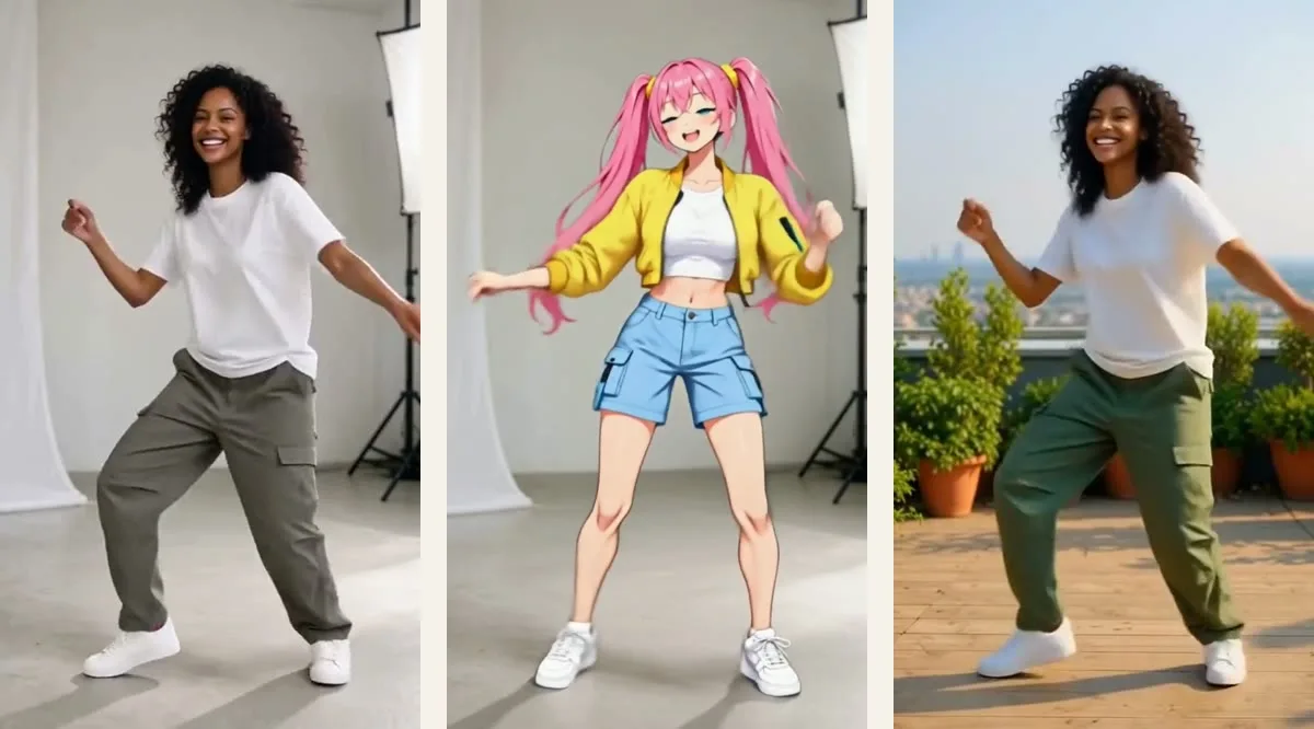 Three frames from real runs: the original clip, the dancer recast as Hana (Kling O3 Video Edit Standard, 720p), and the same dance moved to a sunny rooftop terrace from one sentence (FLUX 3 Edit Video). AI-generated, made in Ziztu.