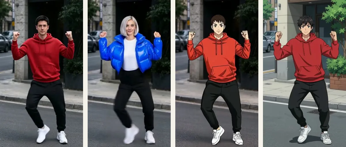 One street dance, four ways. From the left: the original clip; recast as Nova on the Basic route (Wan 2.2 Animate Replace, 480p in this first version); the man redrawn as anime on the real street on Basic (FLUX 3 Edit Video); and the whole frame redrawn as anime on Premium (Gemini Omni Flash 1.1 Edit, 720p). AI-generated, made in Ziztu.