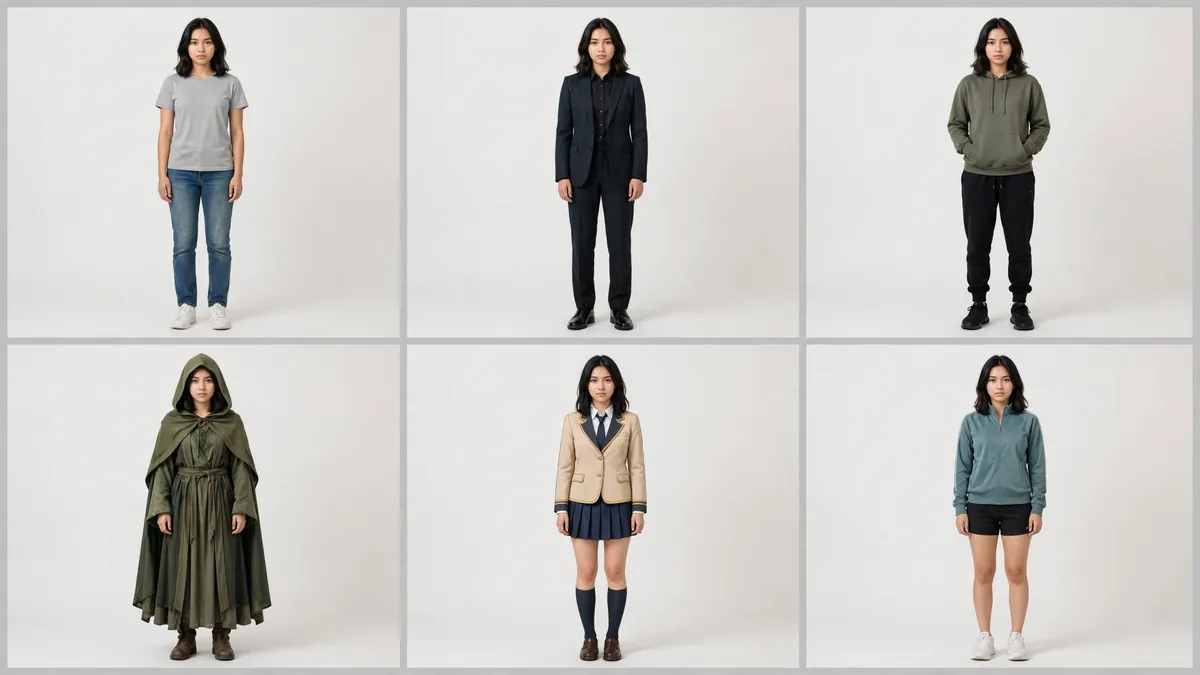 A grid of the same character in six outfit styles: casual, formal, streetwear, fantasy, anime, and sportswear