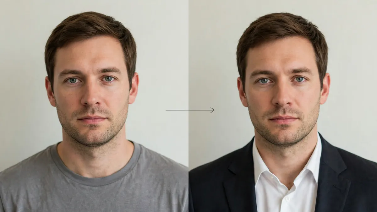 Before and after: the same person in a plain t-shirt, then in a tailored blazer, same pose and background