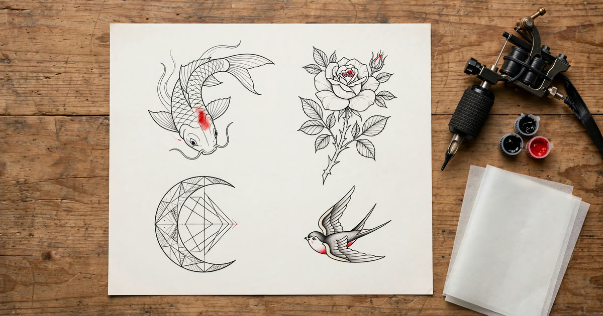 Tattoo flash designs on a table next to a tattoo machine