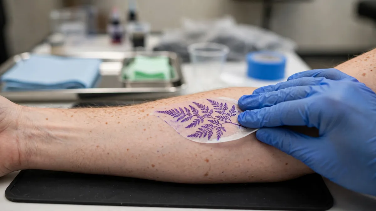 A tattoo stencil placed on a forearm to check size and placement