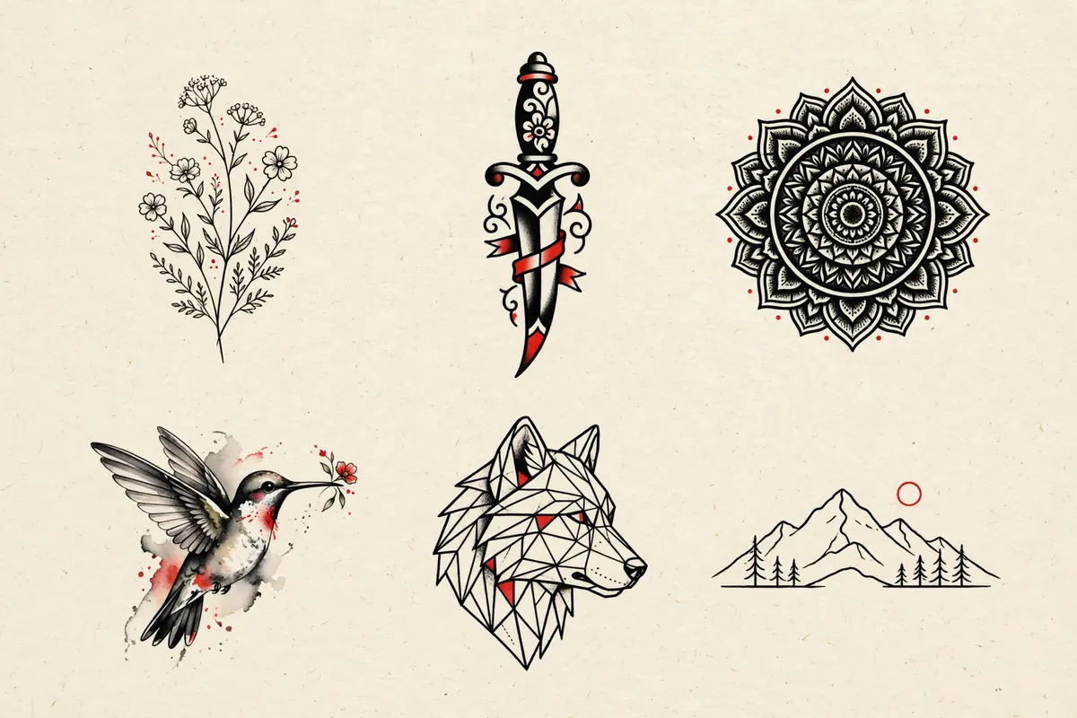 Six tattoo designs in different styles