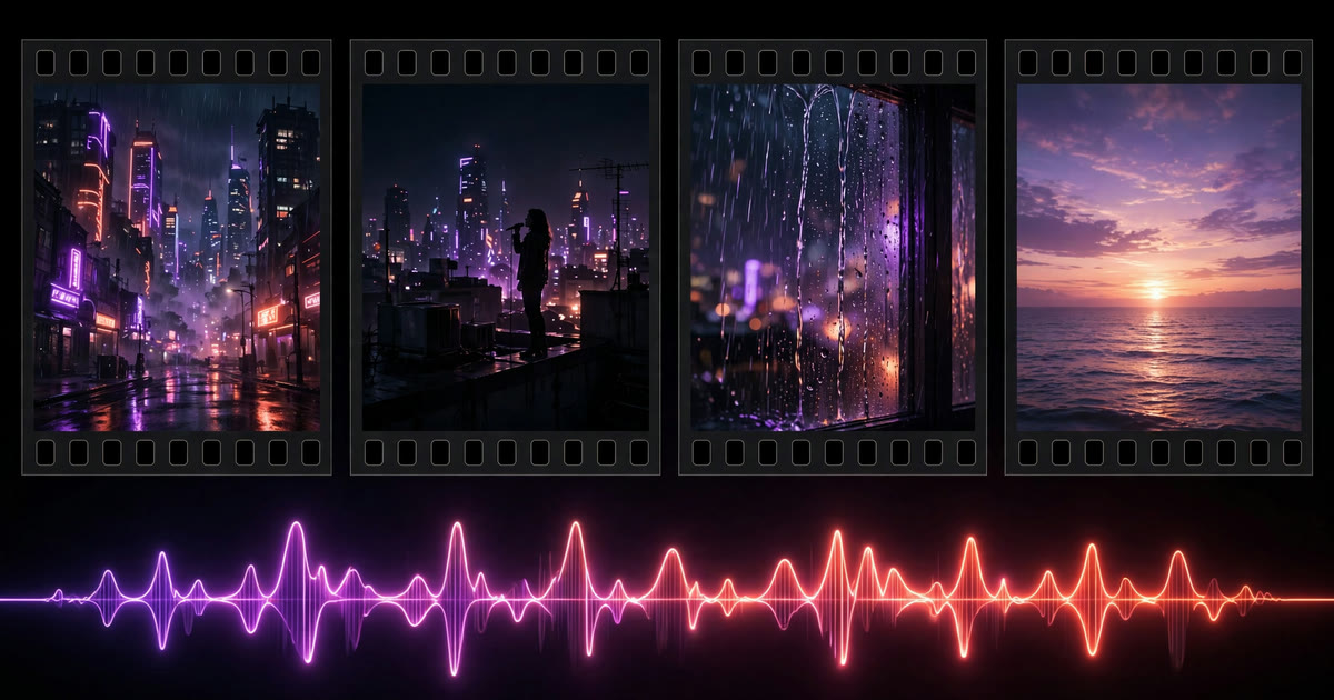 A song waveform with a row of music video frames above it