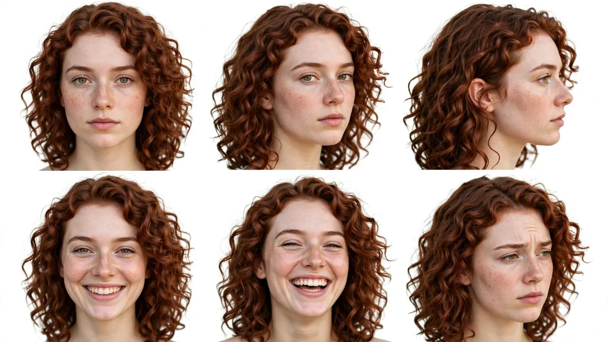 A character sheet of an AI influencer in several angles and expressions