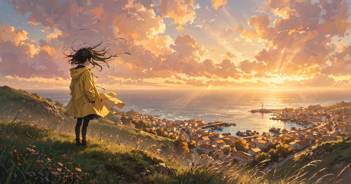 An anime film still of a girl on a hill above a coastal town