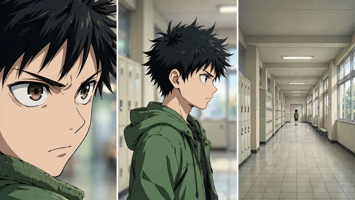 The same anime character in a close-up, medium and wide shot