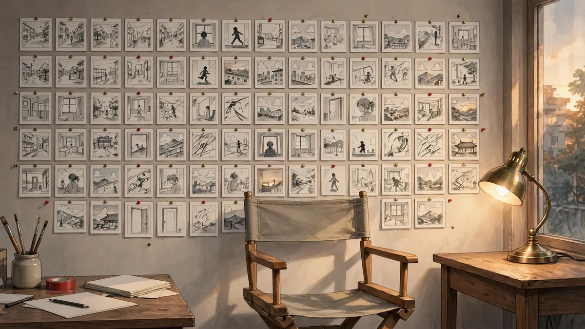 A storyboard wall for a short anime film