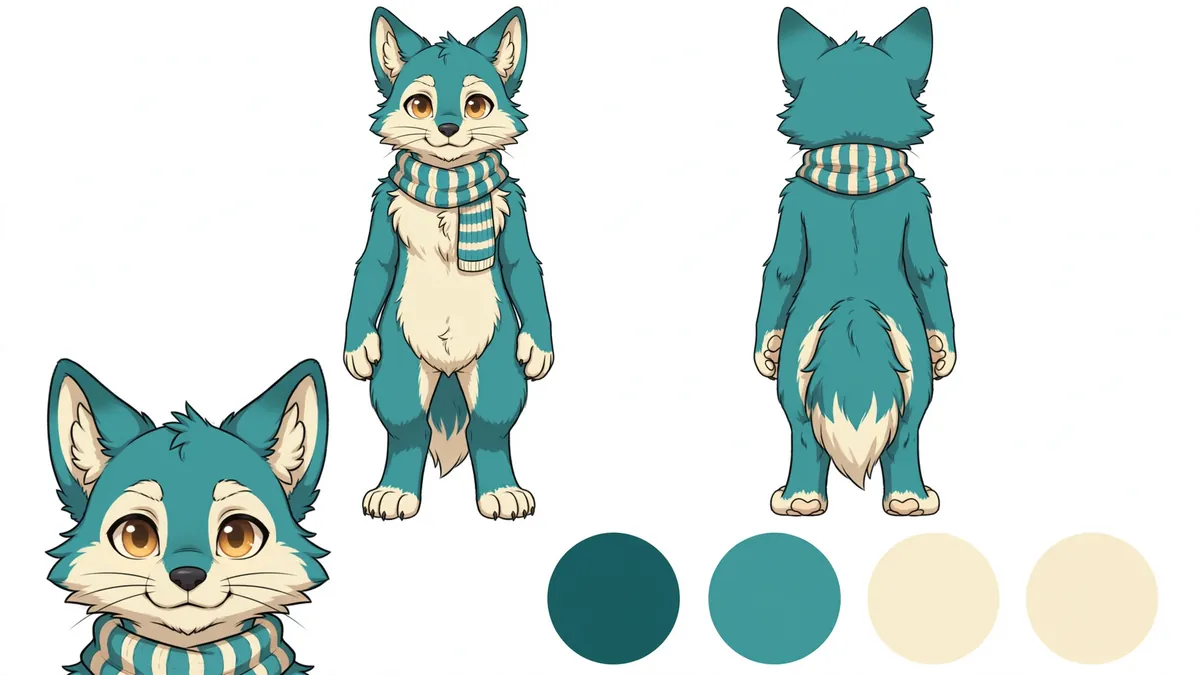 A fursona reference sheet with front and back views and color swatches
