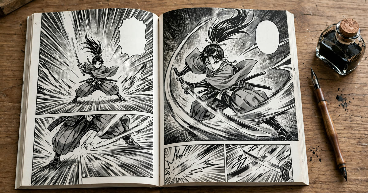 An open manga book with dynamic black and white panels