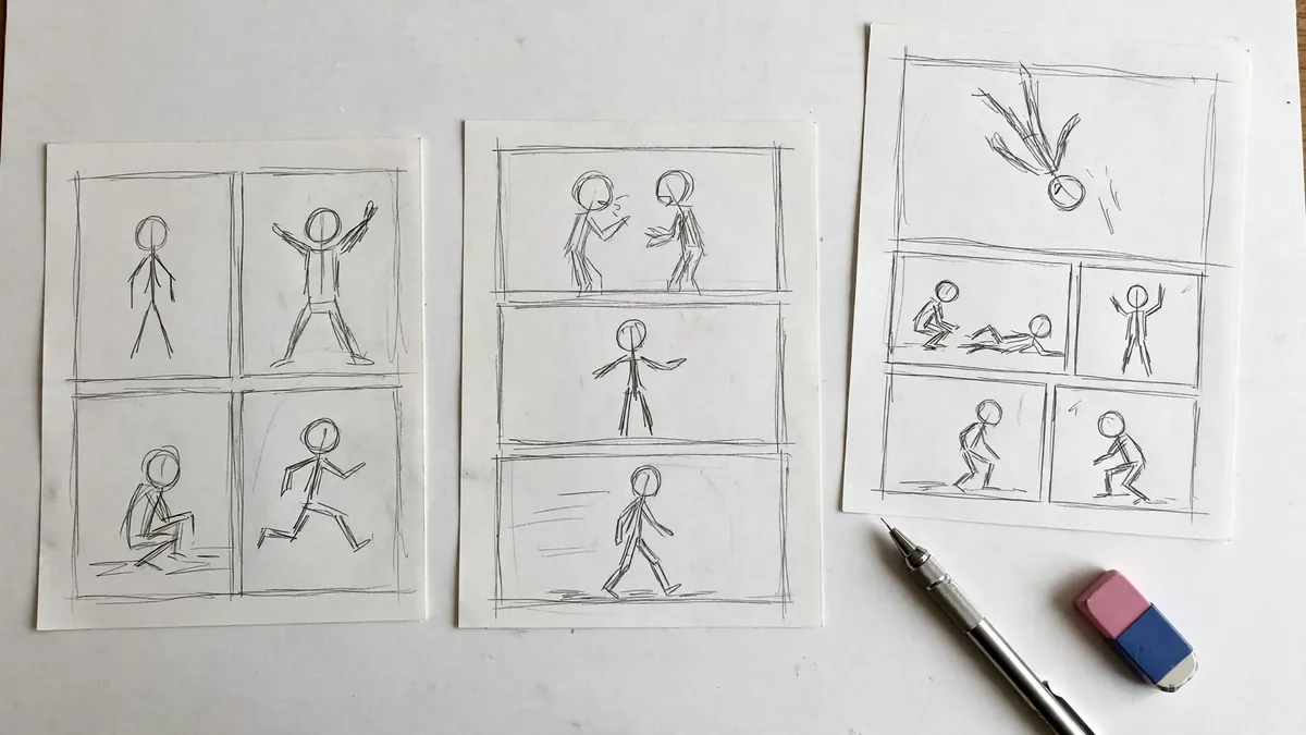 Manga page panel layouts sketched as thumbnails