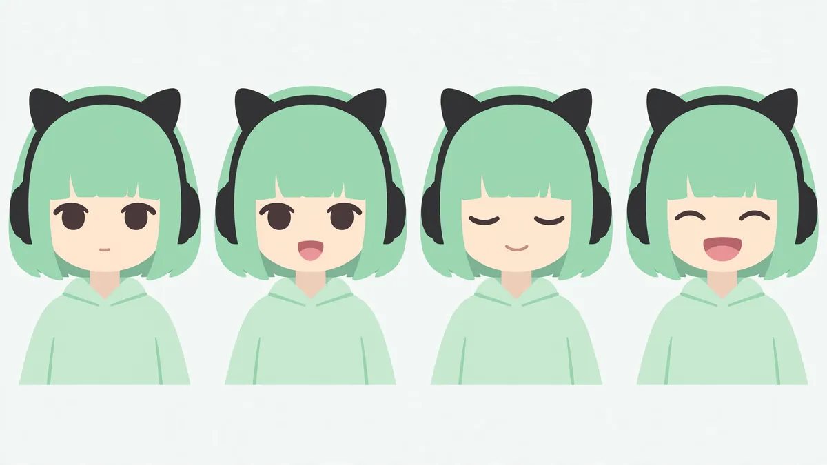 Idle, talking, blinking and laughing versions of a PNGTuber avatar