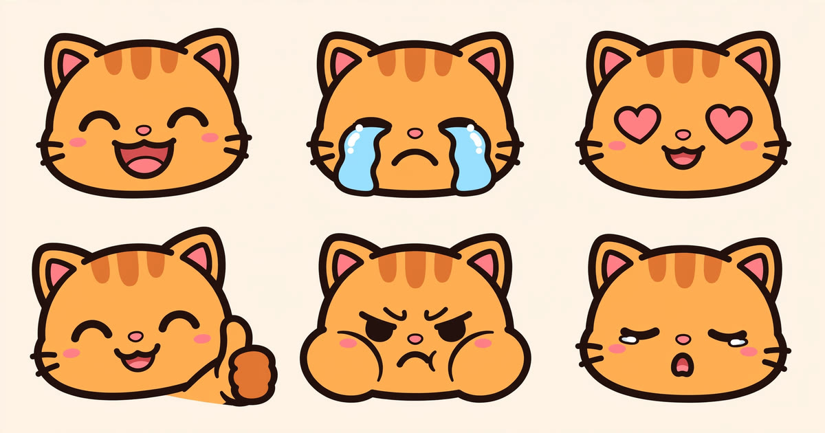 Six chibi emotes of an orange cat character