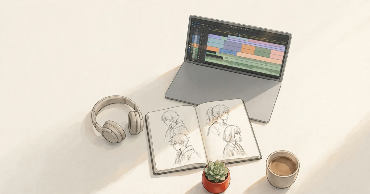 A creative desk with a laptop showing a video timeline, a sketchbook of anime drawings and headphones