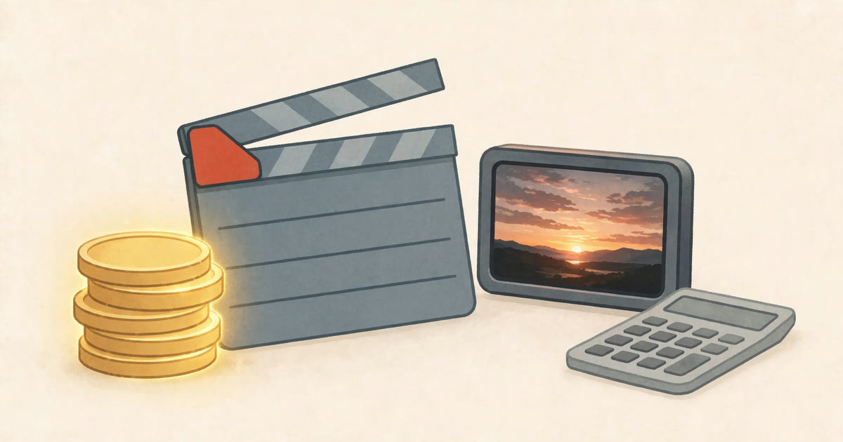 Coins next to a clapperboard and a video screen, about AI video pricing