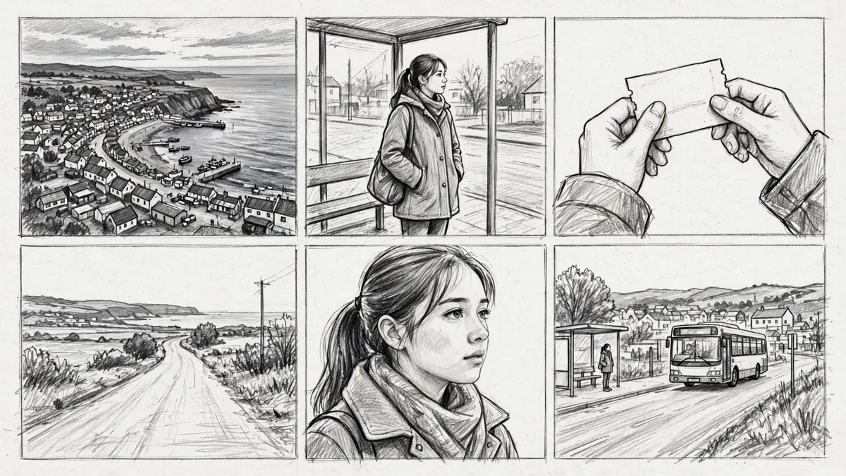 A six panel black and white pencil storyboard of one scene with different camera angles