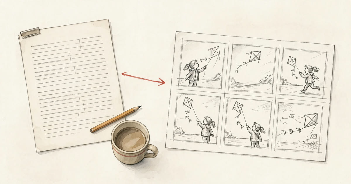 A screenplay page on a desk beside a six panel pencil storyboard sheet