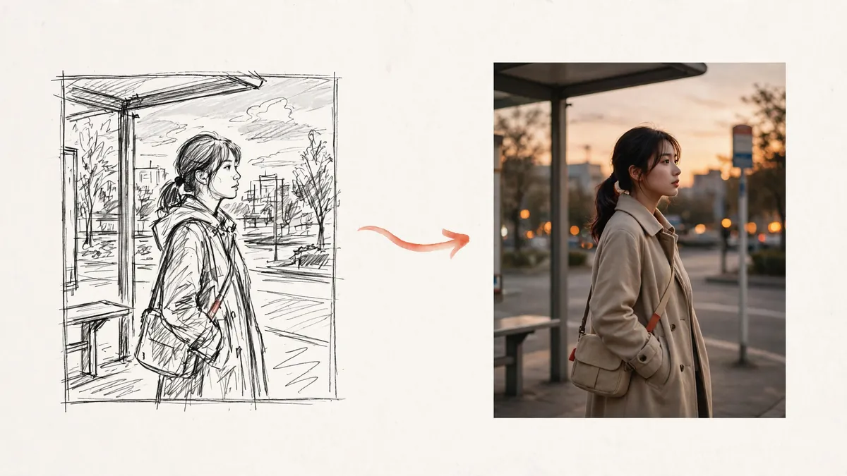 A single pencil storyboard frame turning into a full color video frame
