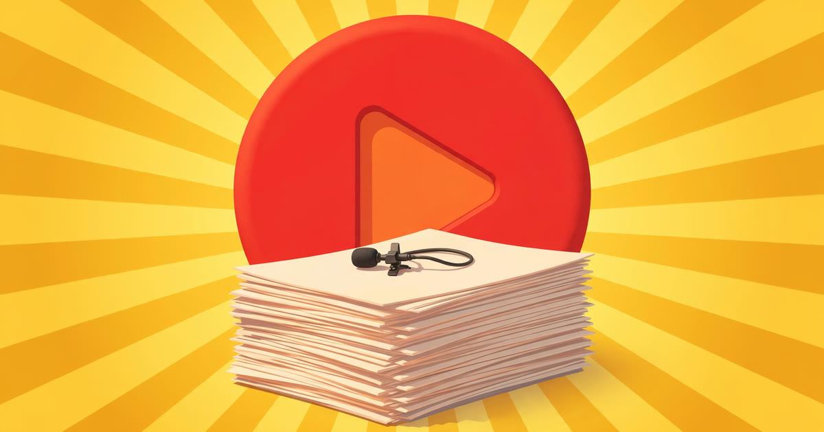 A red play button behind a tall stack of script pages with a small clip-on microphone on top, on a yellow sunburst background