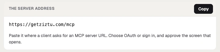 The Ziztu MCP docs page with the server address https://getziztu.com/mcp in a box with a Copy button