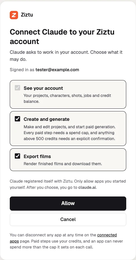 The Ziztu consent screen: See your account, Create and generate, Export films, then Allow and Cancel