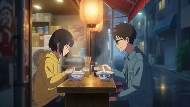 Two friends eat ramen at a small counter in a rainy alley at night