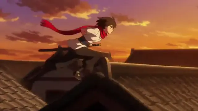 A swordswoman in a red scarf leaps across tiled rooftops at sunset