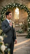 A groom in a charcoal suit with a white rose straightens his tie at the altar