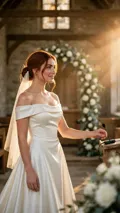 A bride in an ivory gown holds a microphone at the altar and smiles at the guests