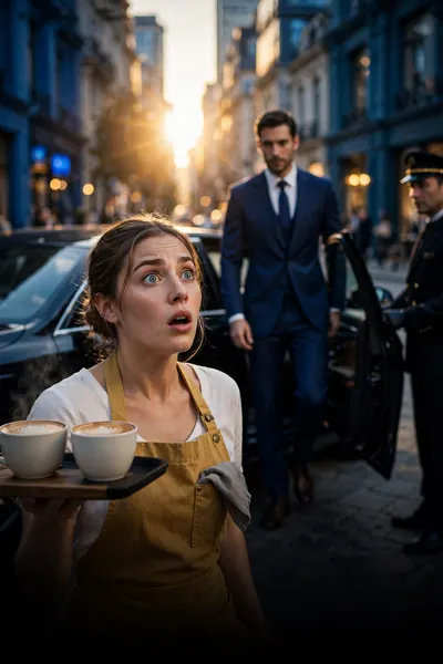 A cafe worker in a mustard apron looks over her shoulder at a man in a navy suit stepping out of a black car in a sunny city street
